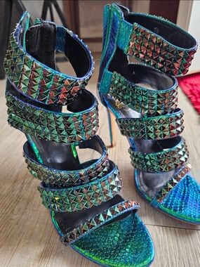 DILLSKILL Studded Iridescent Green Strappy High Heel Sandals